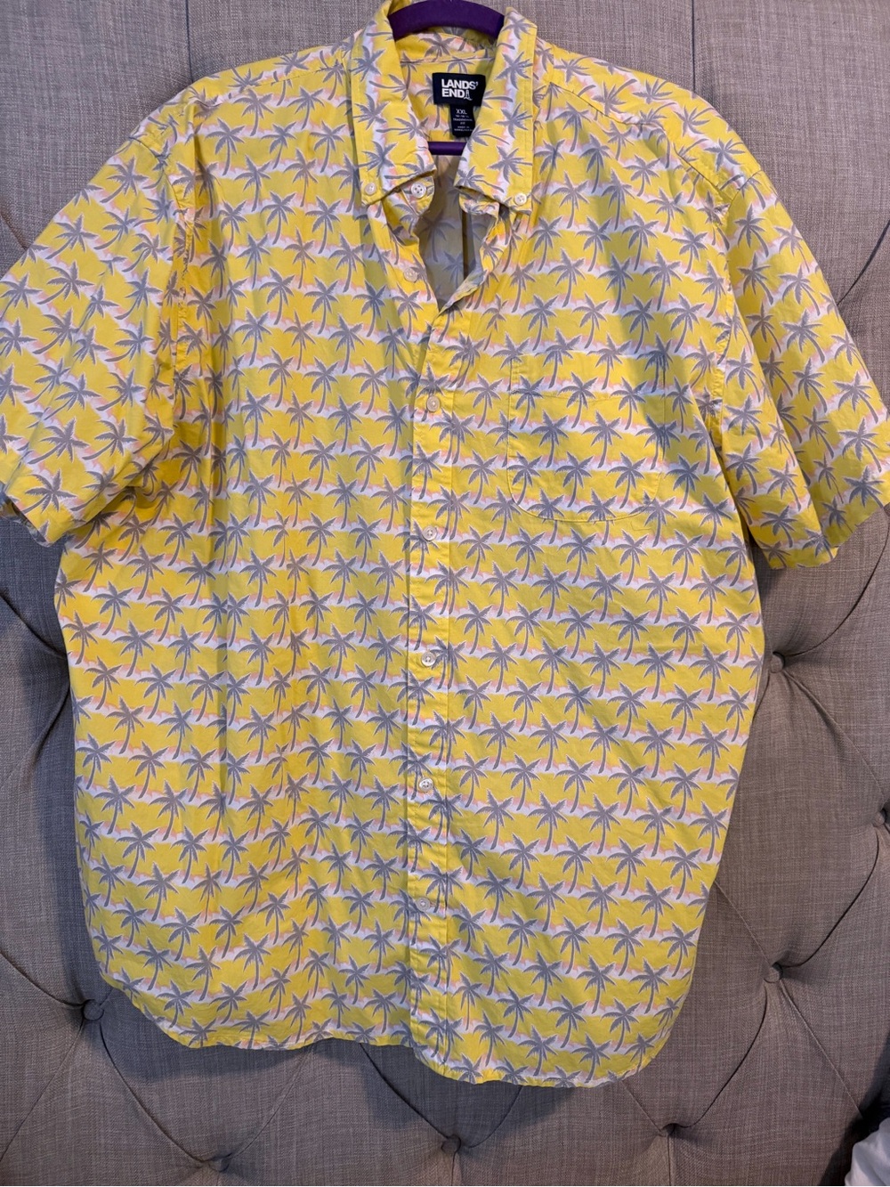 Lands' End Yellow Short-Sleeve Palm Print Button-Down Shirt